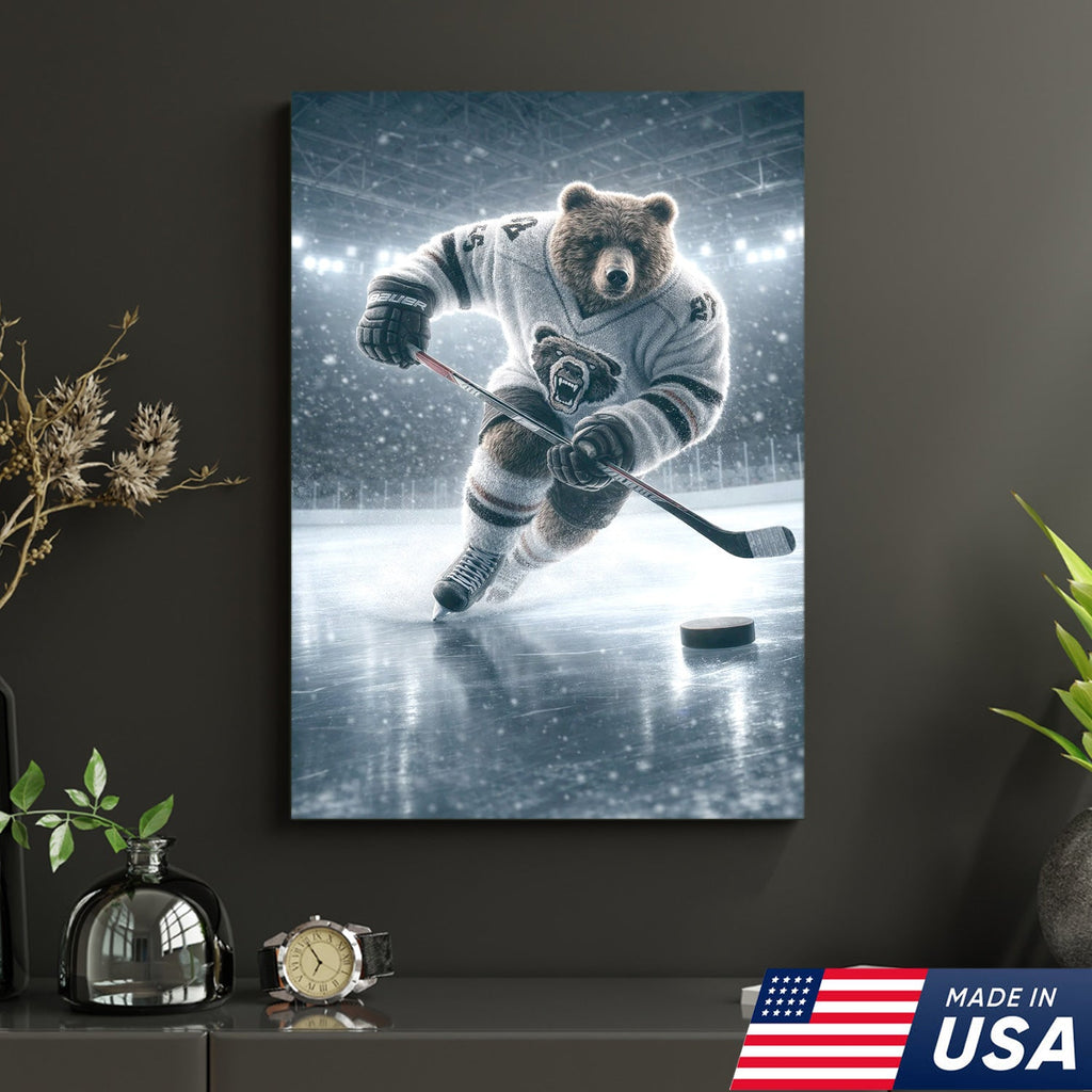 Epic Bear Ice Hockey Canvas Wall Art – Realistic Animal Athlete Print