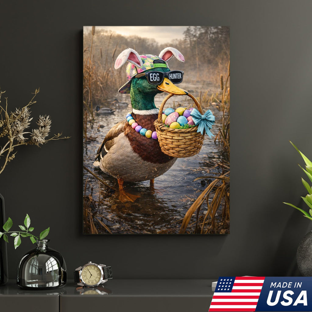 Funny Easter Duck Canvas Wall Art, Egg Hunter Mallard with Basket Portrait
