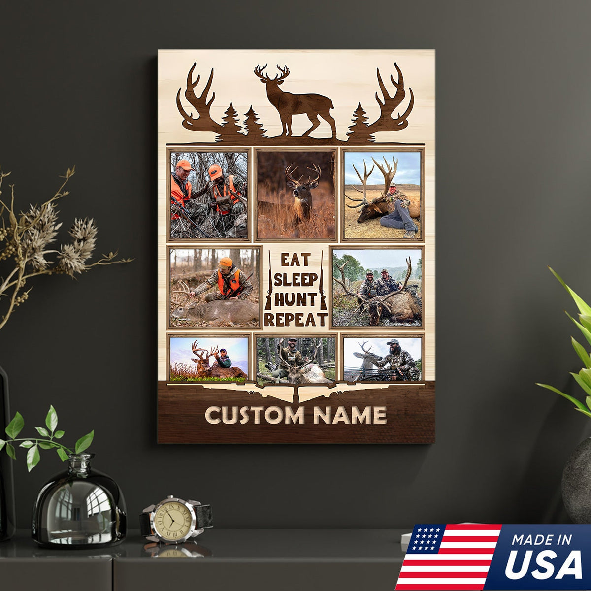 Personalized Hunting Photo Collage Canvas, Deer Antler Wall Art, Custom Hunter Gift