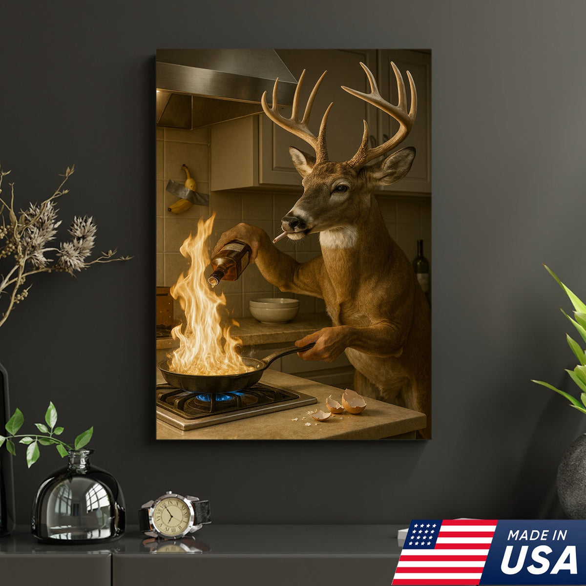 Funny Deer Cooking Canvas, Hilarious Buck Chef Wall Art, Rustic Humor Decor for Cabin