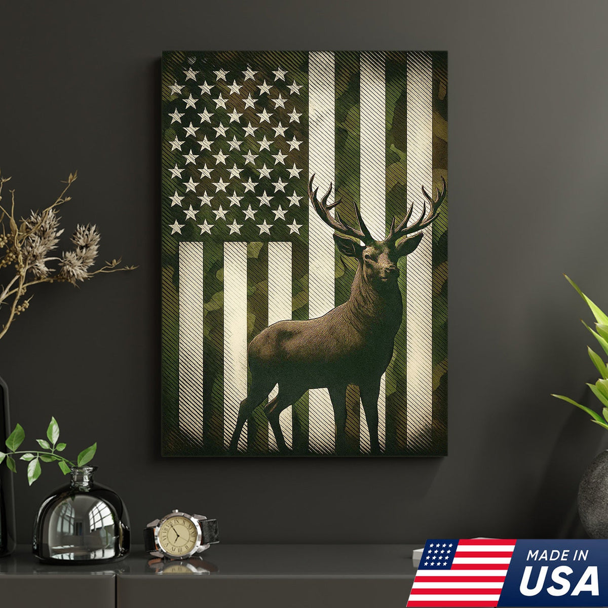 Patriotic Deer American Flag Canvas Wall Art, Camo USA Flag Buck Print