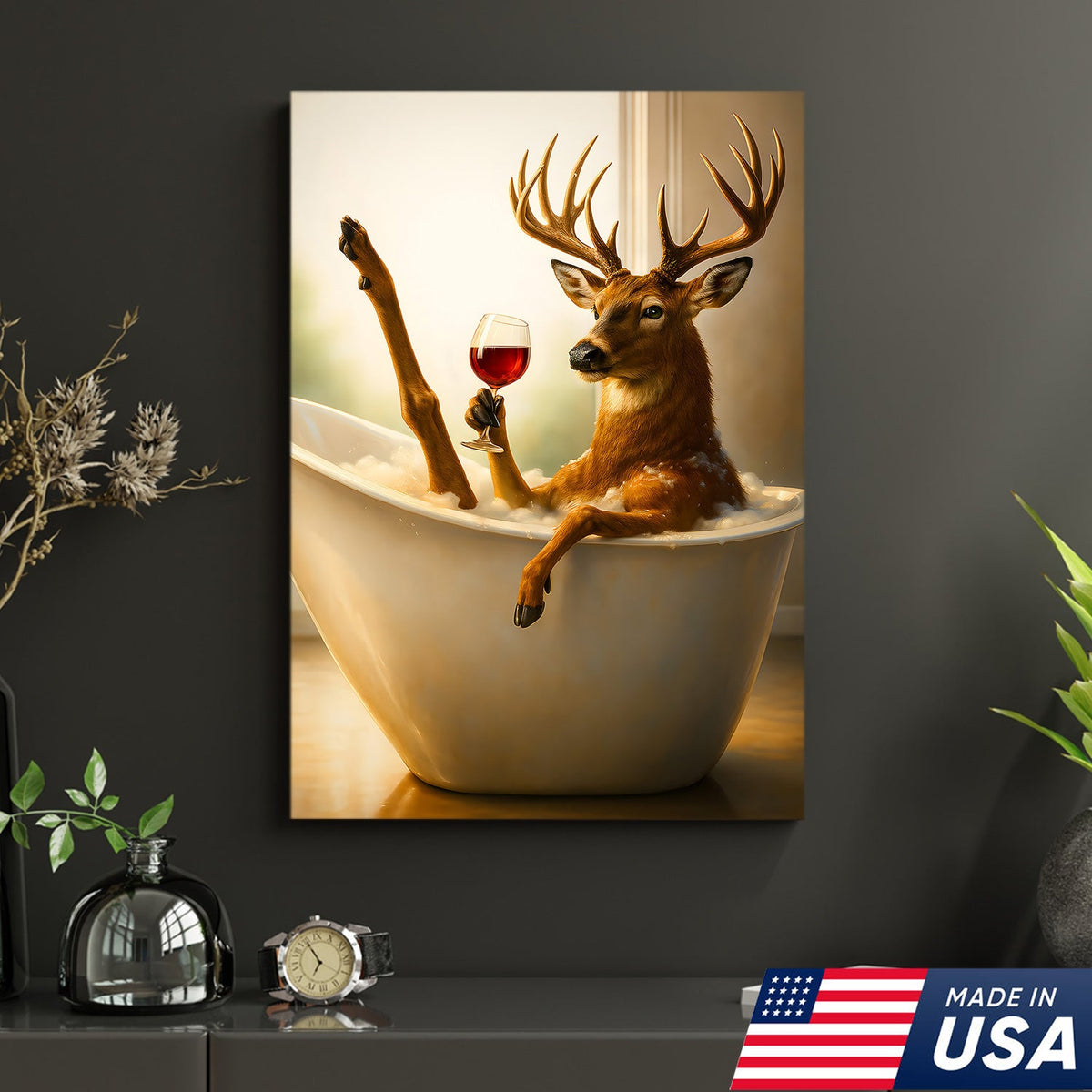 Relaxing Deer in Bathtub Funny Wall Art – Unique Gift for Hunters, Rustic Cabin Decor Canvas
