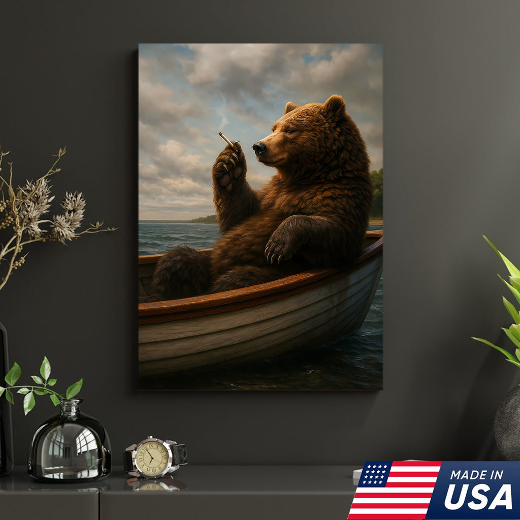 The Chill Bear on the Boat Wall Art Canvas – Funny Relaxed Wall Art for Men