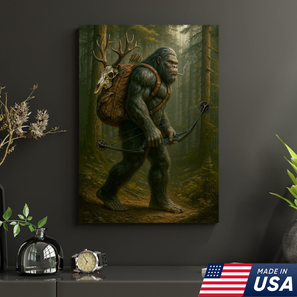 Bigfoot Hunter Canvas, Forest Archery Wall Art, Rustic Woodland Decor for Outdoor Adventure Lovers