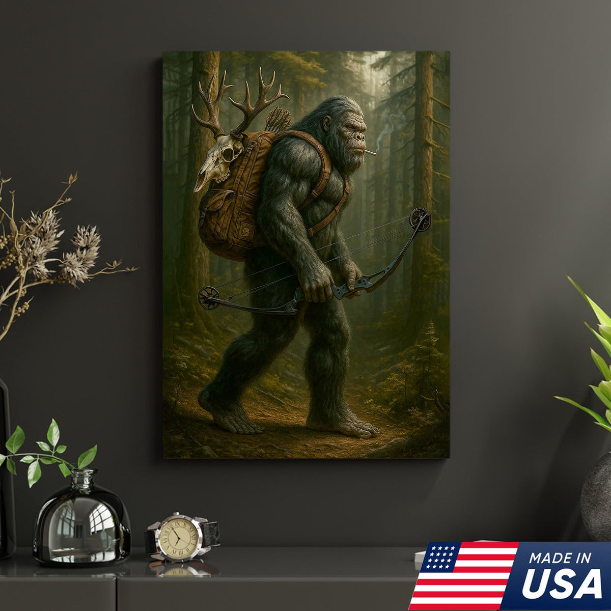 Bigfoot Hunter Canvas, Forest Archery Wall Art, Rustic Woodland Decor for Outdoor Adventure Lovers