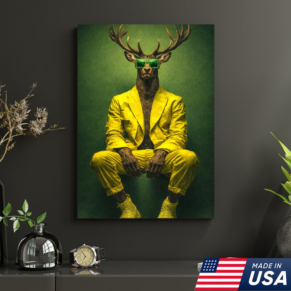 Cool Deer Canvas Wall Art Stylish Animal Portrait Green Suit Modern Decor