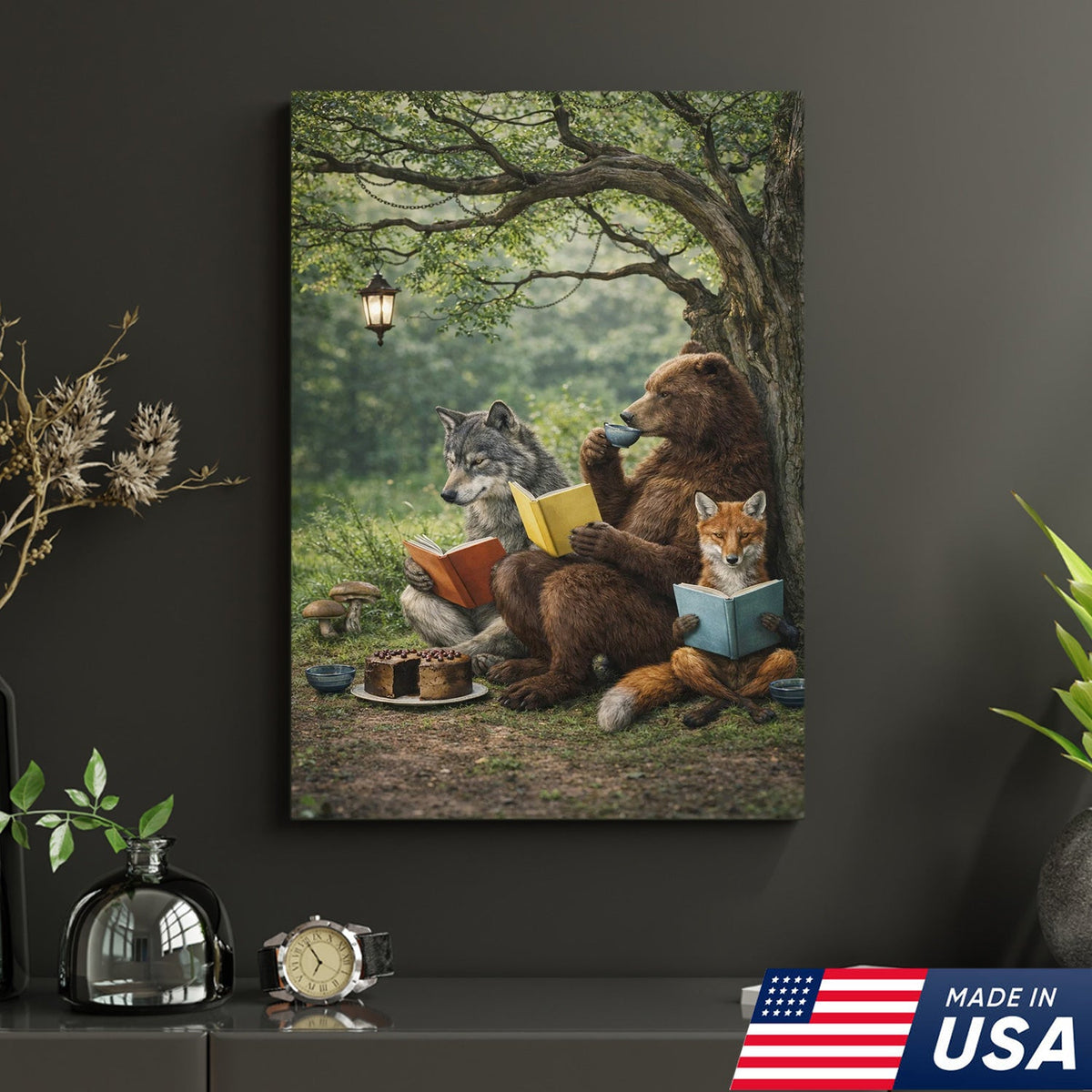 Whimsical Woodland Animals Reading Canvas Wall Art, Bear Wolf Fox Forest Storybook Decor
