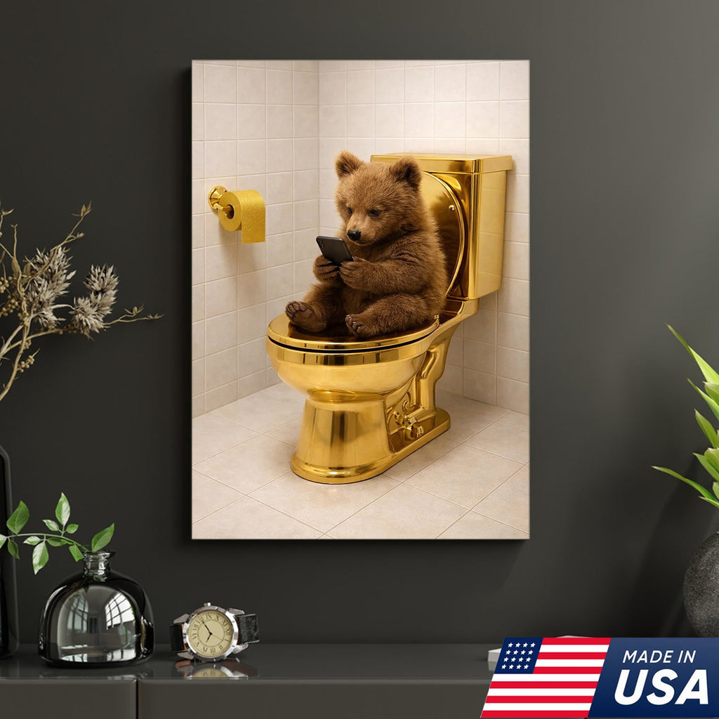 Funny Bear on Golden Toilet Canvas Wall Art, Cute Animal Bathroom Humor Illustration