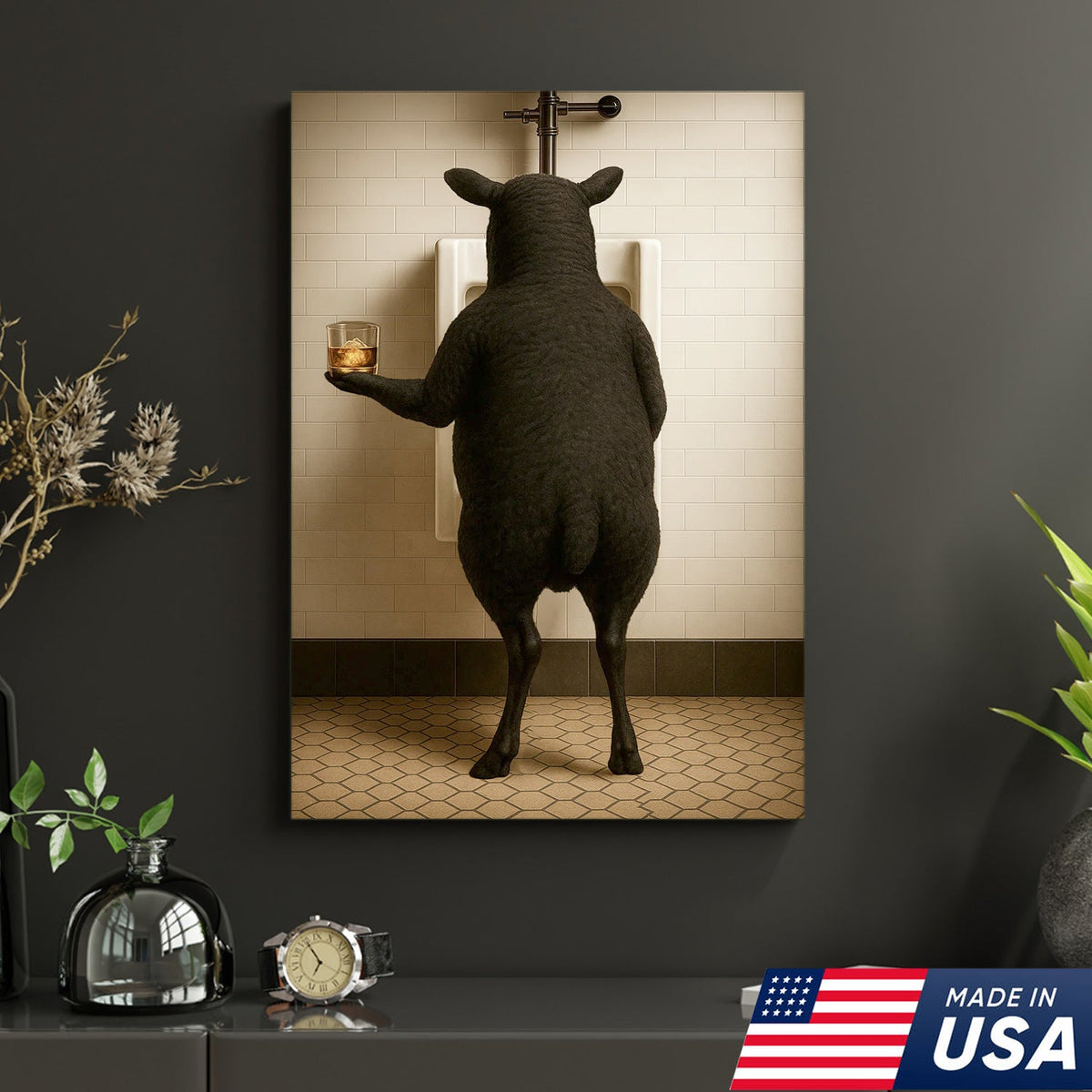 Funny Black Sheep Bathroom Wall Art, Drinking Sheep Humor Canvas Print