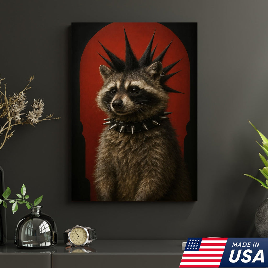 Punk Raccoon Canvas Wall Art, Spiked Mohawk Animal Portrait, Gothic Aesthetic Room Decor