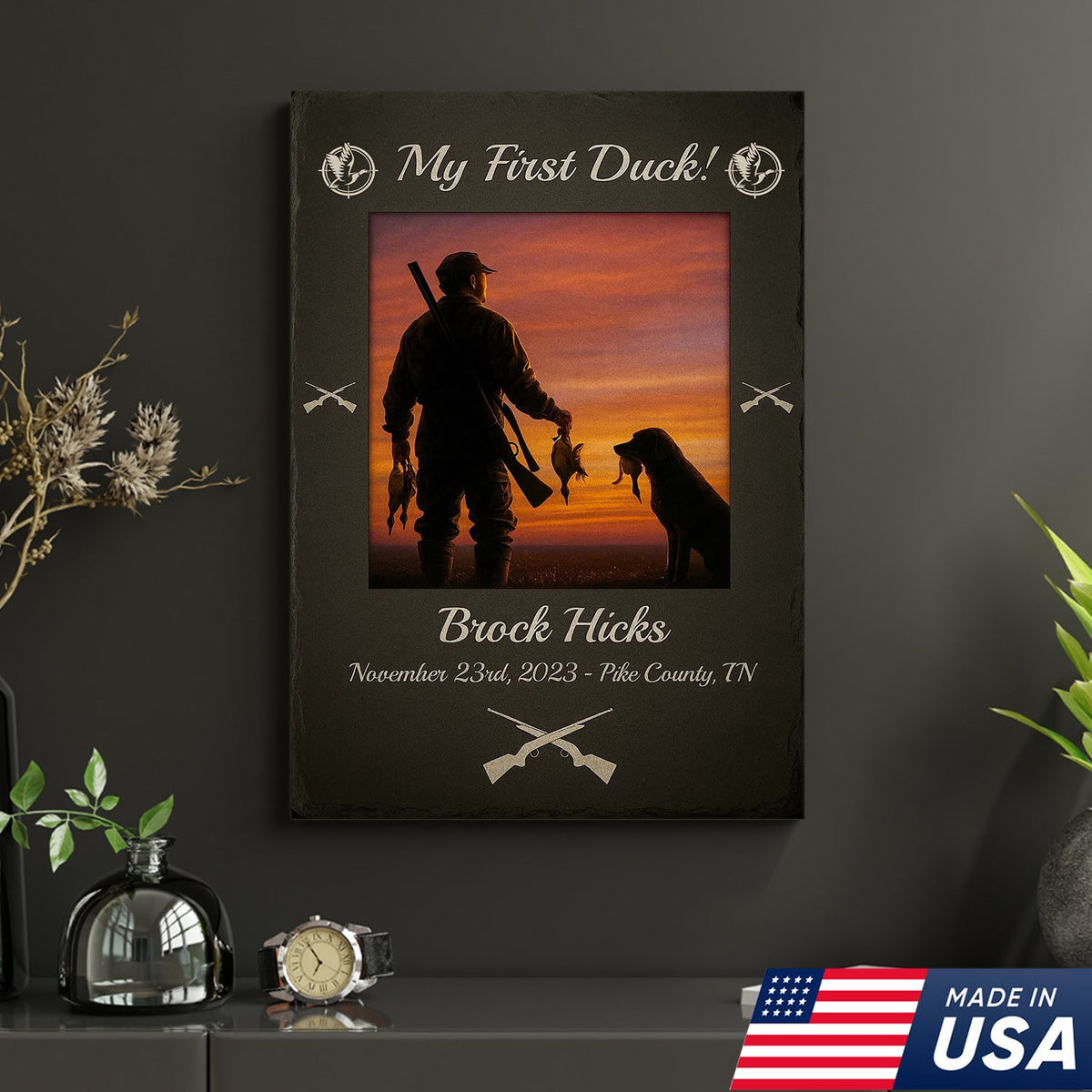 Custom My First Duck Wall Art Canvas, Personalized Duck Hunting Sunset with Dog