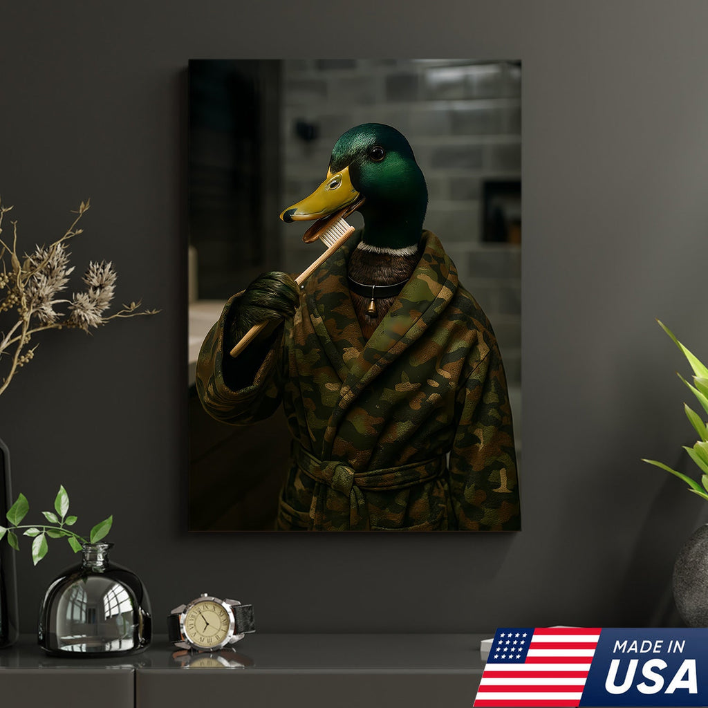 Funny Duck Brushing Teeth Canvas – Bathroom Wall Art for Men, Morning Routine Humor Decor