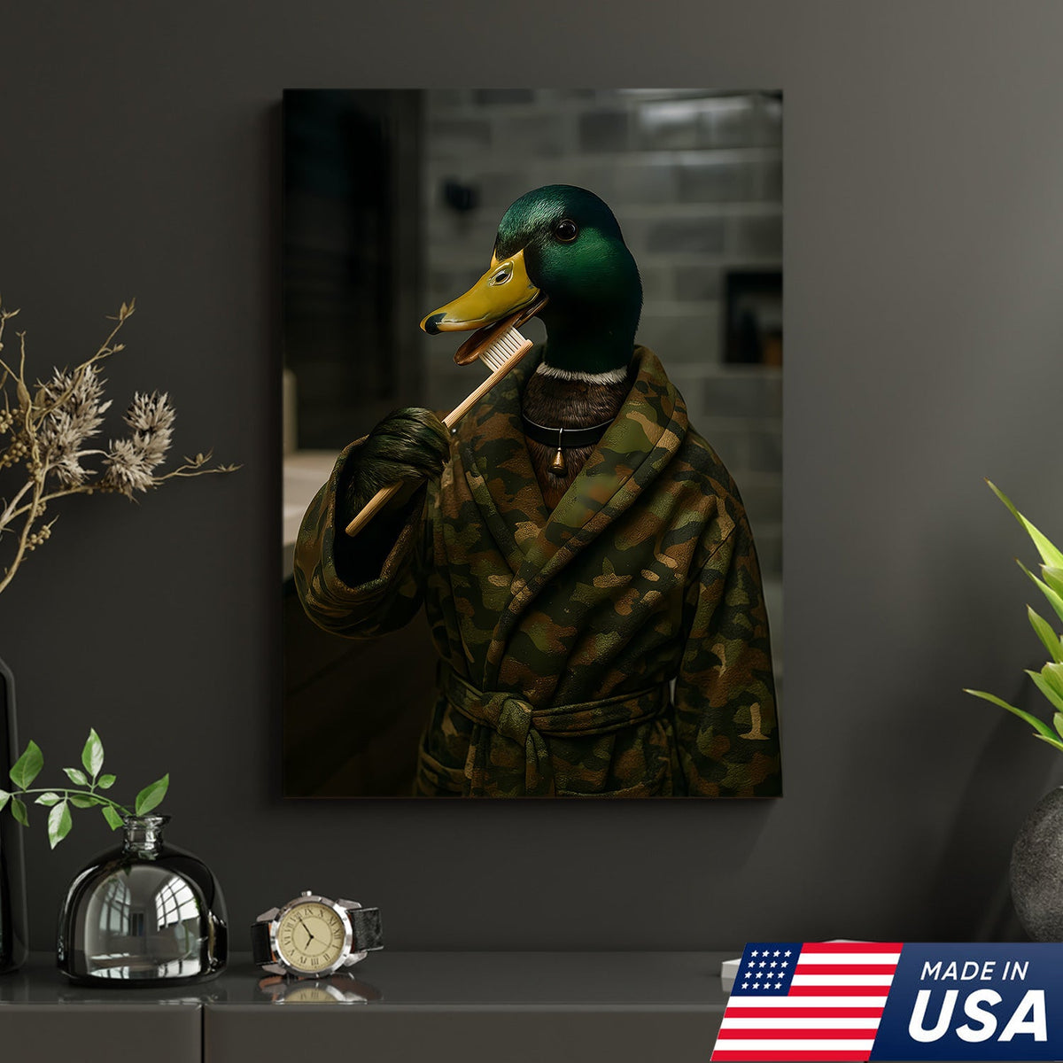 Funny Duck Brushing Teeth Canvas – Bathroom Wall Art for Men, Morning Routine Humor Decor