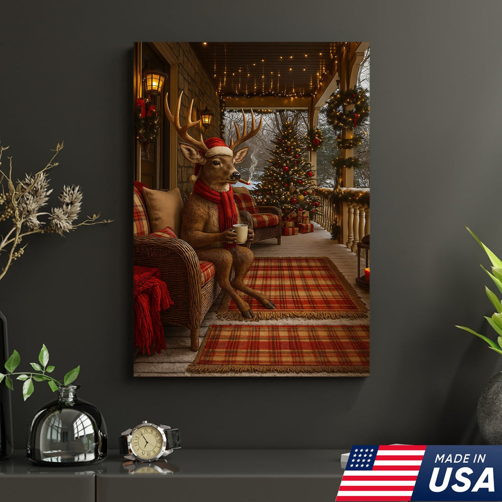 Christmas Deer Porch Canvas Wall Art, Cozy Cabin Reindeer With Scarf Holiday Print