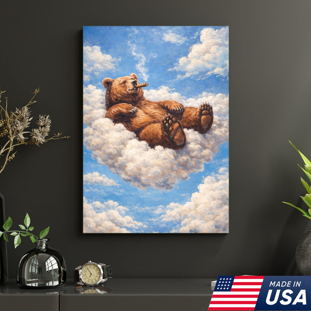 Relaxed Bear on Cloud Canvas Wall Art, Whimsical Animal Fantasy Illustration