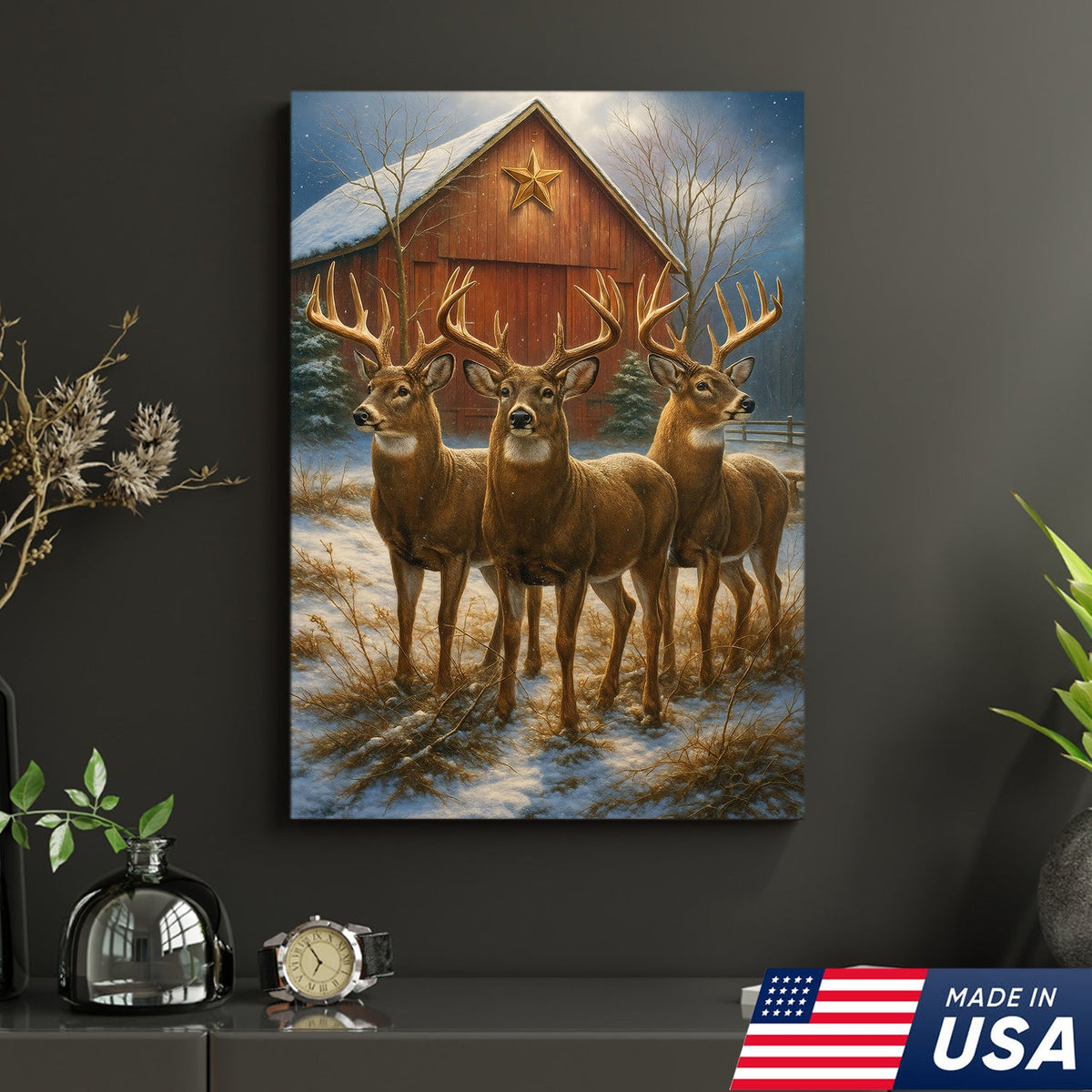 Deer Trio Winter Barn Canvas – Rustic Wildlife Wall Art Gift for Hunters, Nature & Christmas Lovers