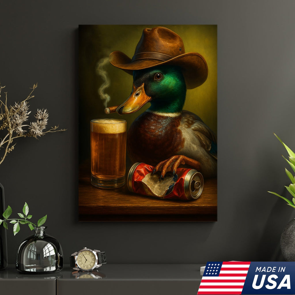 Duck Cowboy Canvas Wall Art – Funny Rustic Beer Decor for Waterfowl Hunters & Cabins