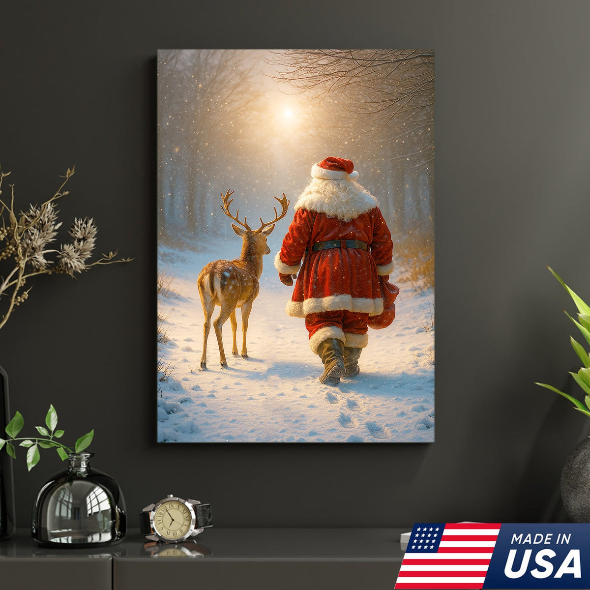 Santa and Deer Christmas Canvas Wall Art – Cozy Winter Forest Decor, Holiday Gifts for Home Lovers