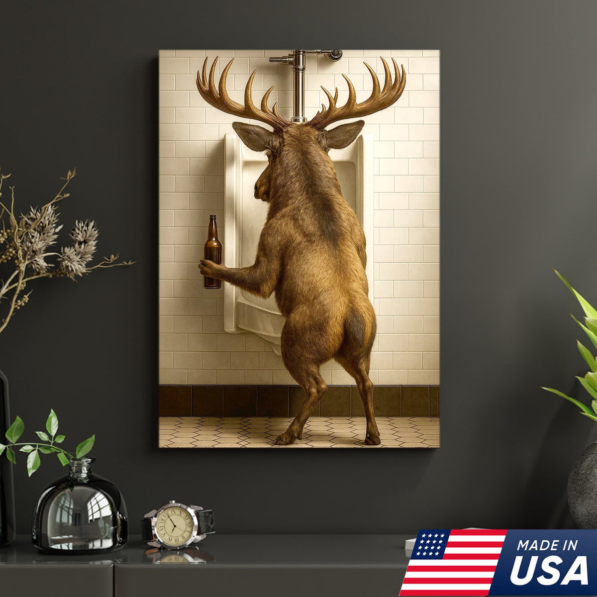 Funny Elk Canvas Wall Art - Rustic Bathroom Lodge Decor for Hunters - Unique Wildlife Cabin Print