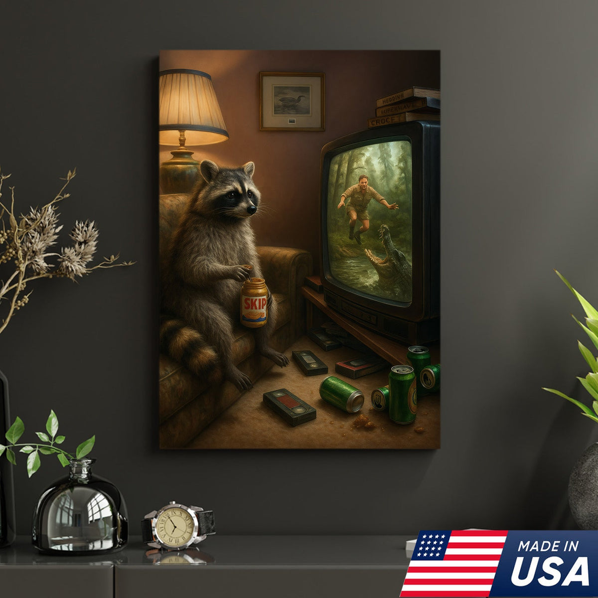 Funny Raccoon Watching TV Wall Art – Lazy Animal Painting, Wildlife Humor Canvas