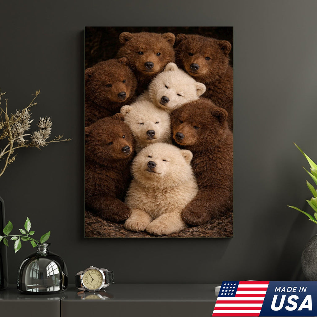 Cute Bear Cubs Canvas Wall Art, Brown and White Bear Family Portrait