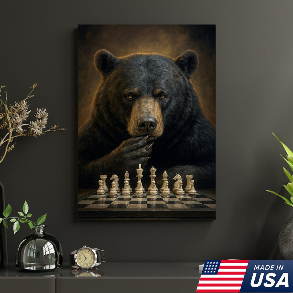 Chess Master Bear Wall Art Canvas – Strategic Bear Canvas Print for Man Cave & Smart Decor
