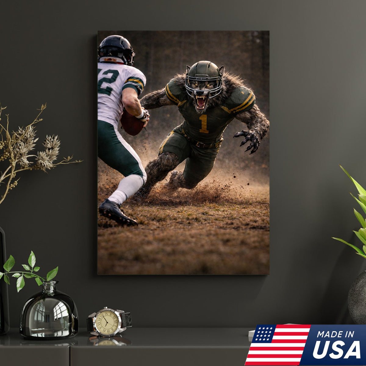 Fierce Wolf Football Canvas Wall Art – Intense Stadium Tackle Sports Print