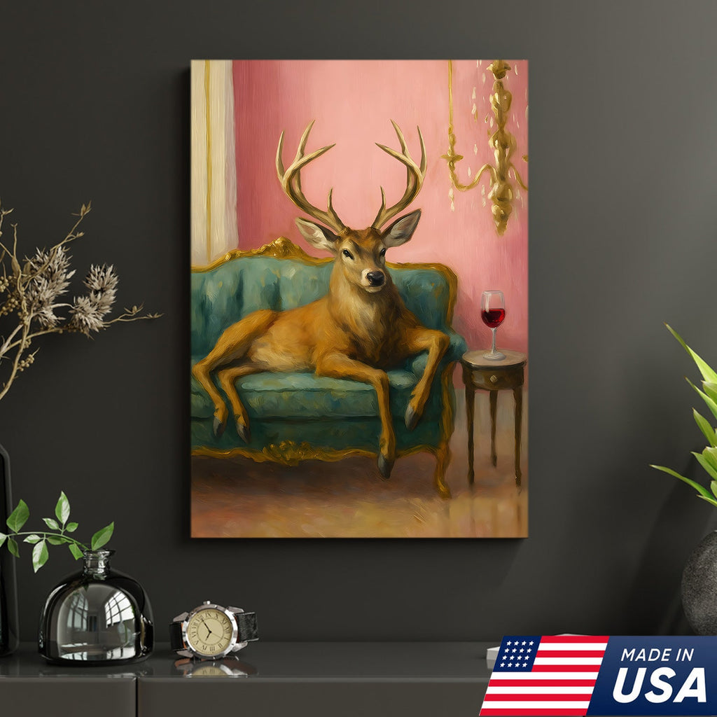 Funny Deer Chill On The Sofa Canvas Wall Art – Elegant Deer Drinking Wine Canvas