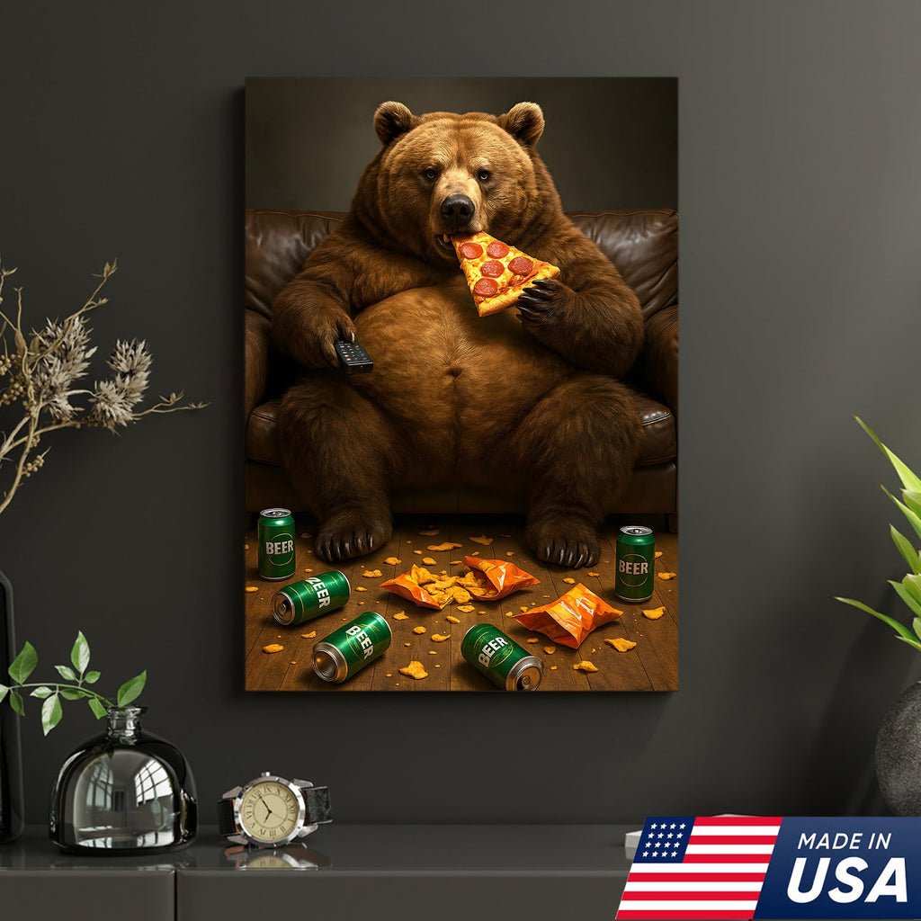 Funny Bear Eating Pizza Canvas Wall Art – Lazy Beer Lover Animal Canvas, Man Cave