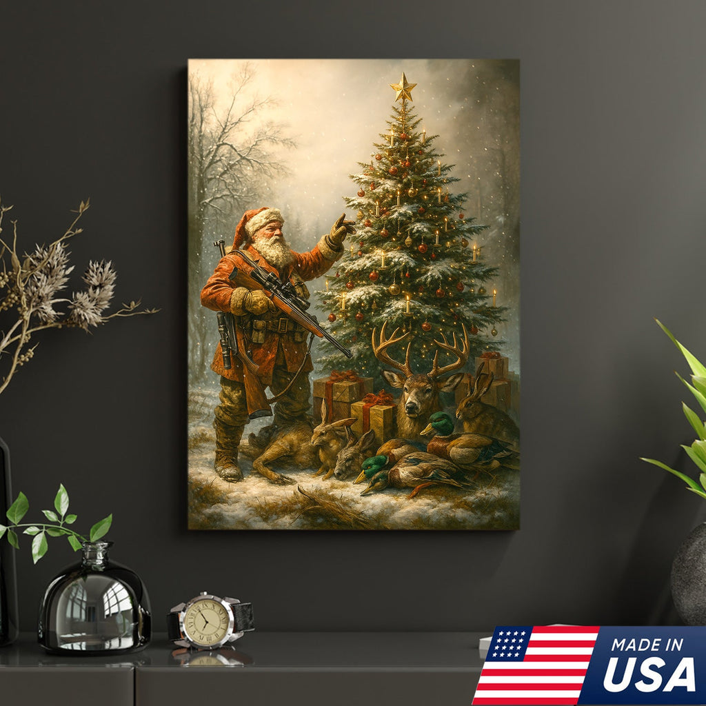 Santa Hunter Christmas Wall Art – Rustic Holiday Canvas for Cabin, Farmhouse & Hunter Decor