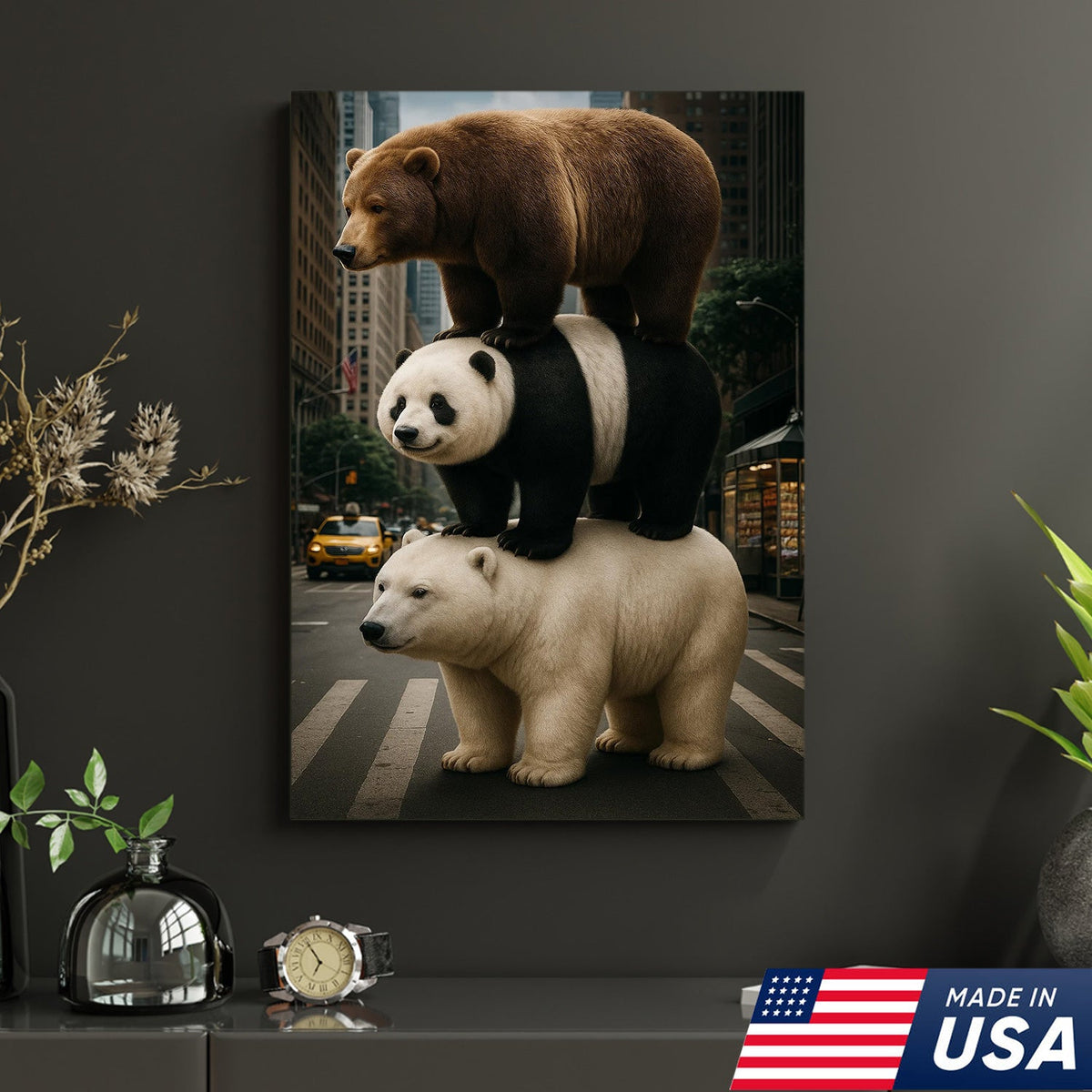 Bear Stack Canvas Wall Art, Cute Polar Panda Brown Bear in City Street Print