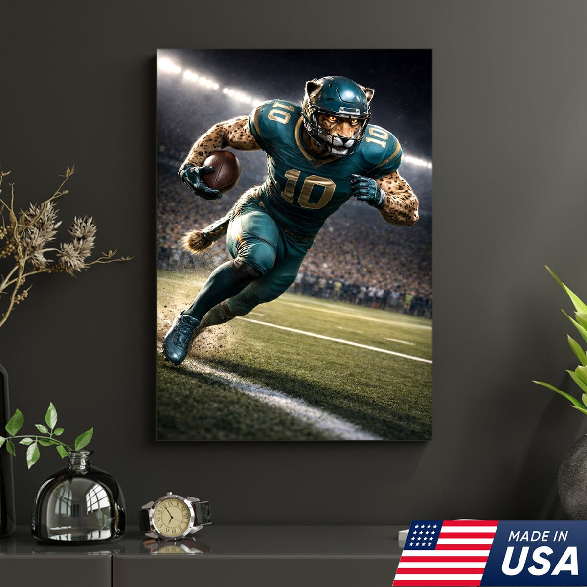 Fierce Cheetah Football Canvas Wall Art – Speed Hunter Athlete Stadium Action Print