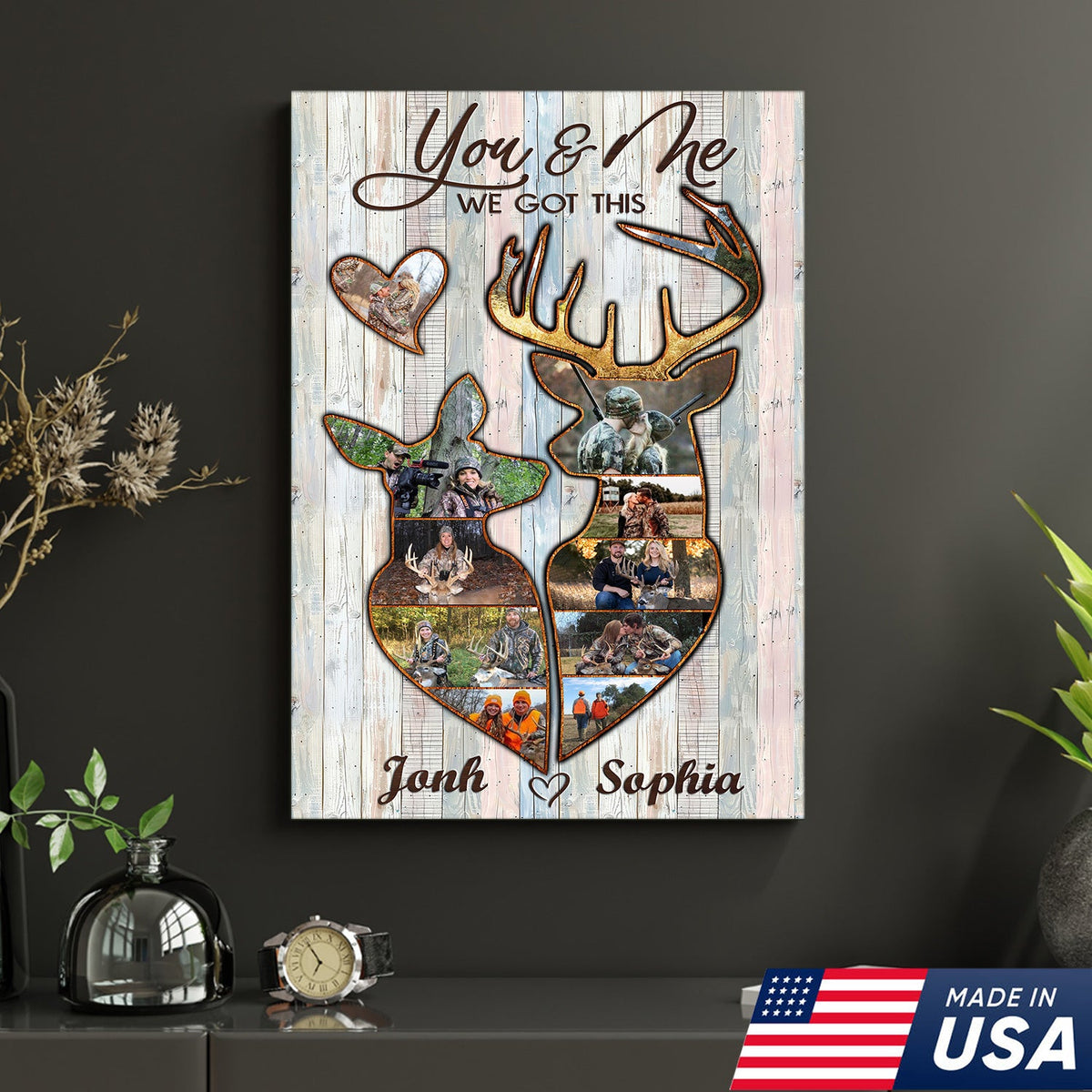 Personalized Deer Couple Hunting Photo Collage Wall Art Canvas - Custom Hunter Gift for Couples