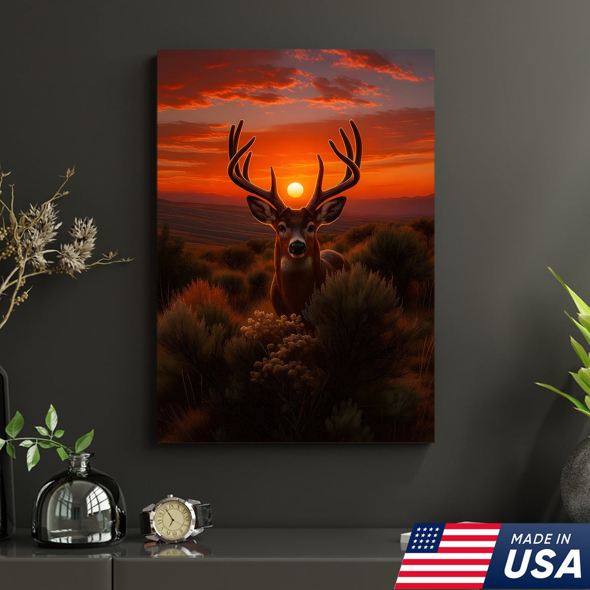 Deer Sunset Canvas Wall Art, Majestic Buck Silhouette in Orange Sky