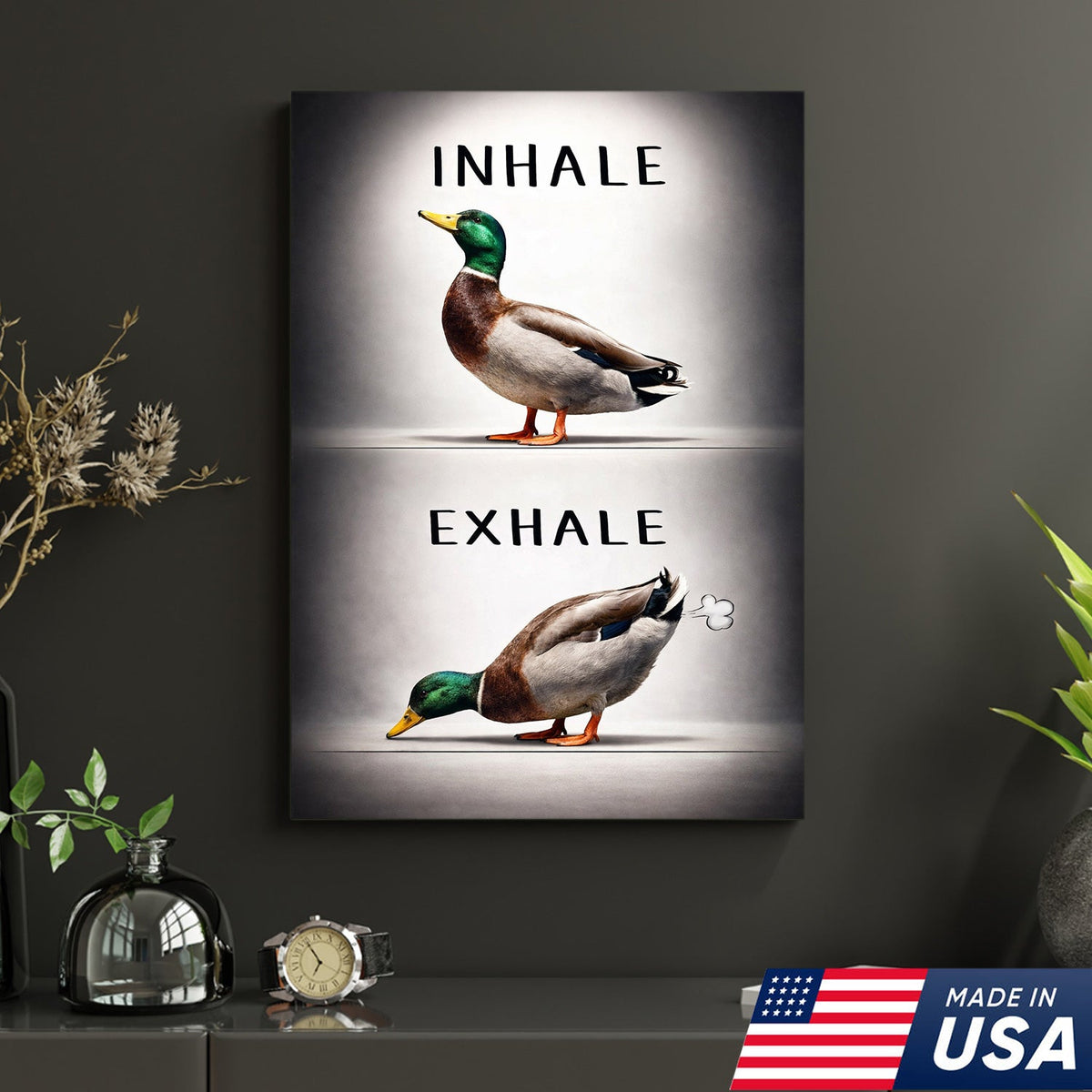 Inhale Exhale Duck Canvas Print – Funny Bathroom Wall Art – Duck Meme Decor