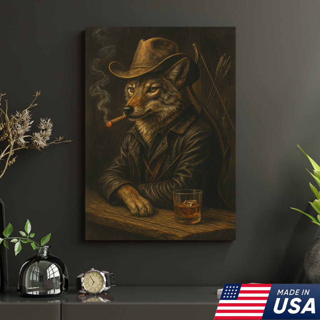 Coyote Cowboy Bar & Whiskey Canvas – Great Hunting Gift for Hunters & Rustic Western Decor