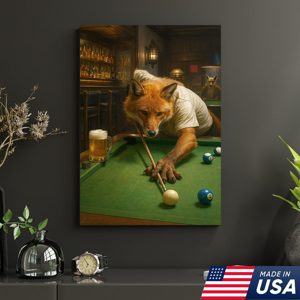 Fox Playing Pool Canvas Wall Art, Funny Billiards Room Decor, Game Room & Pool Hall Gift