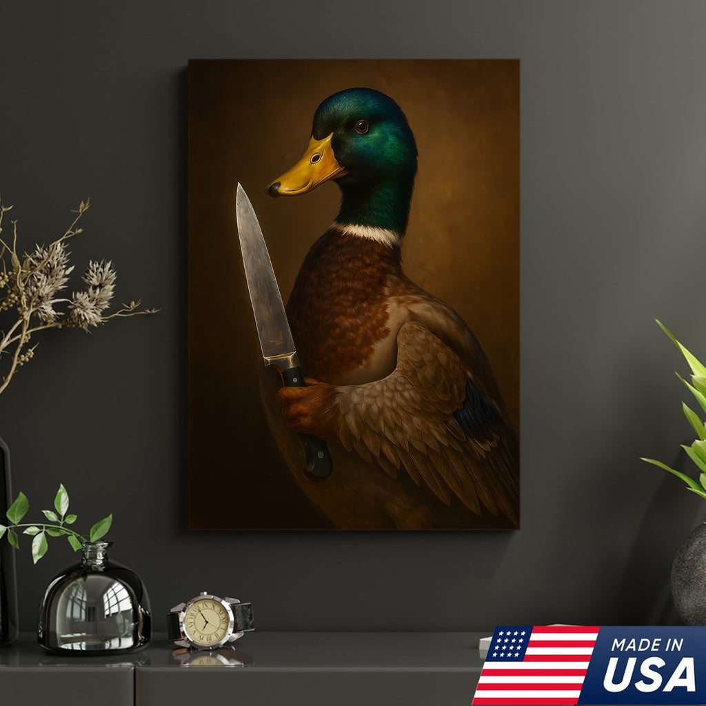 Funny Duck With Knife Wall Art – Mallard Portrait Painting, Dark Humor Animal Canvas