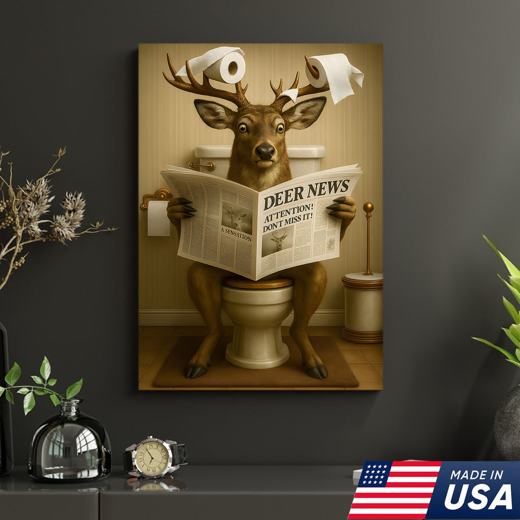 Funny Deer Bathroom Canvas – “Deer News” Toilet Wall Art for Hunters, Cabin, or Man Cave Decor