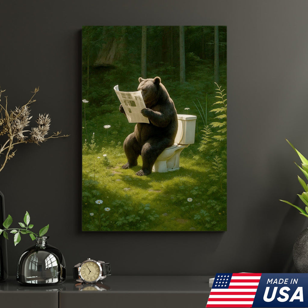 Bear on Toilet Reading Newspaper Canvas Wall Art, Funny Bathroom Decor for Cabin & Lodge