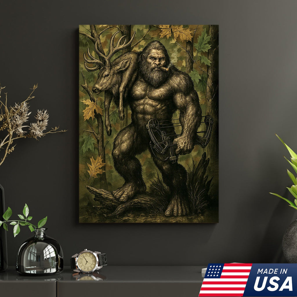 Bigfoot Hunter Canvas Wall Art, Mythical Sasquatch Bowhunting Deer Artwork