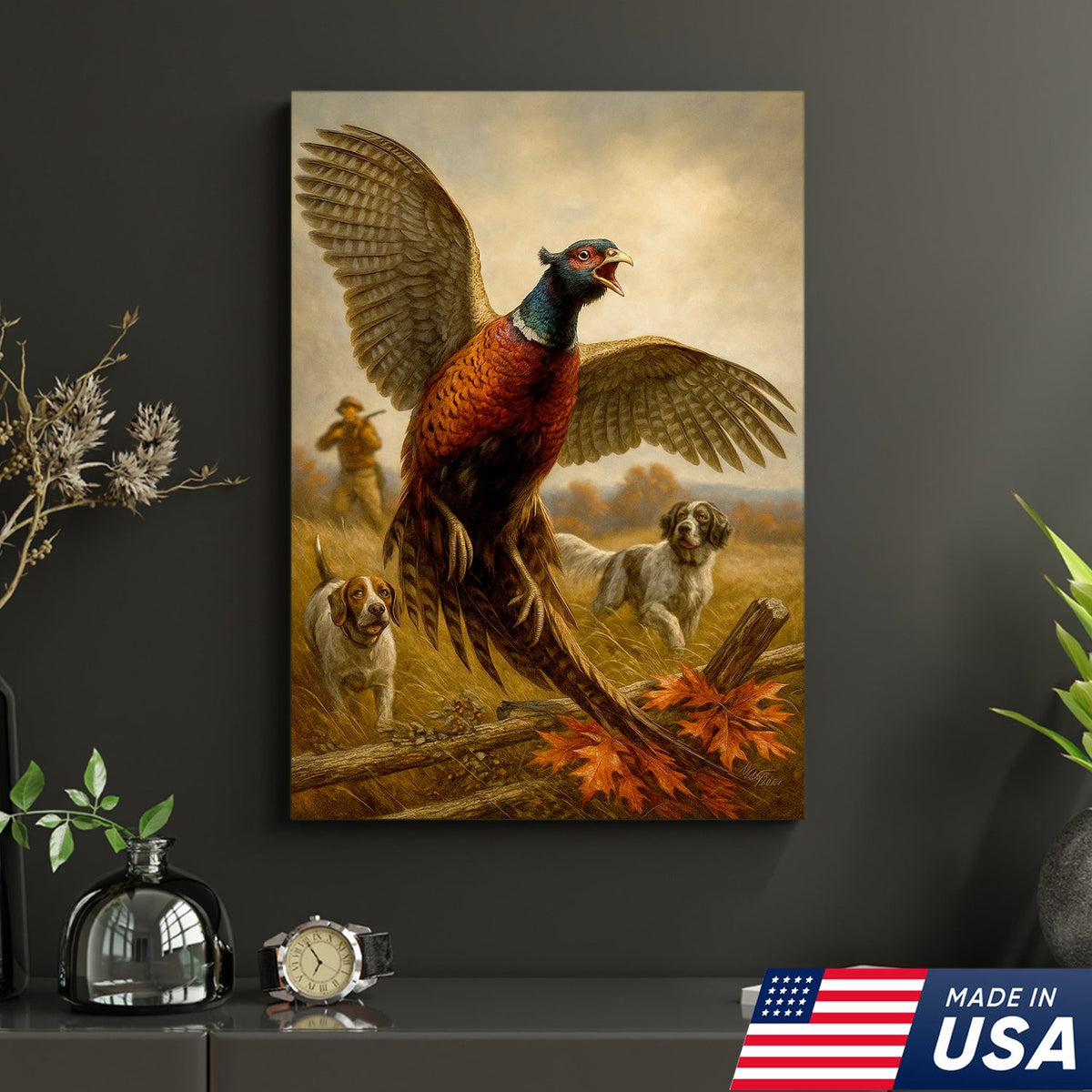 Pheasant Hunting Canvas – Flushing Bird with Pointing Dogs, Cabin & Man Cave Wall Art