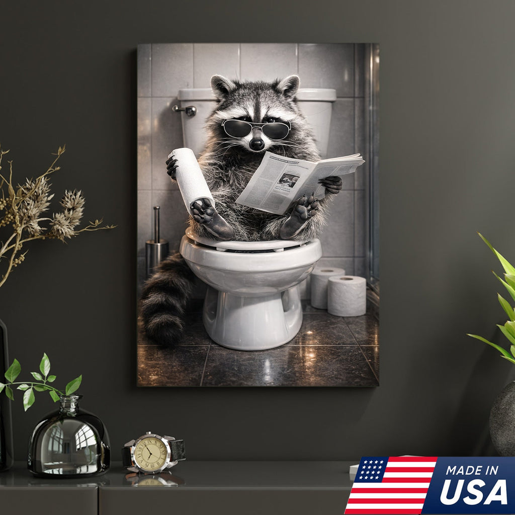 Raccoon Bathroom Humor Canvas – Funny Toilet Reading Wall Art for Restroom Decor
