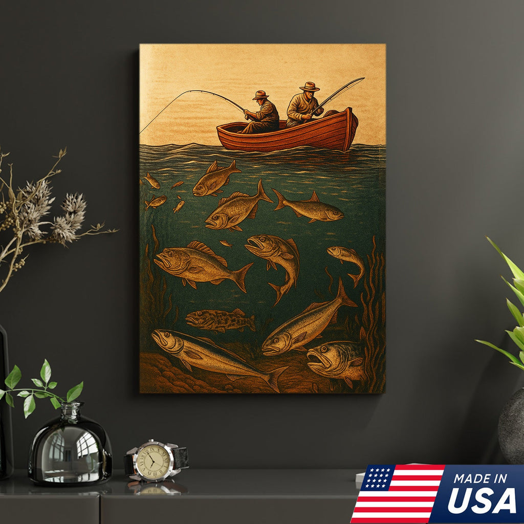 Vintage Fishermen Woodcut Wall Art – Retro Fishing Canvas Print