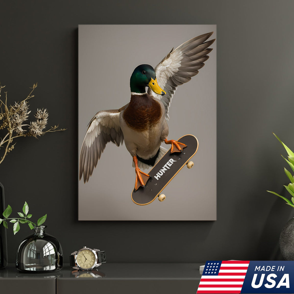 Funny Skater Duck Canvas, Cool Mallard Wall Art, Humorous Bird Lover Decor for Man Cave