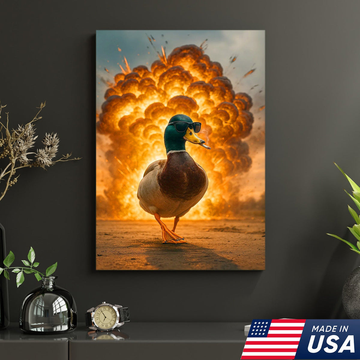 Cool Duck Walking from Explosion Canvas Wall Art, Funny Action Movie Style Decor for Man Cave