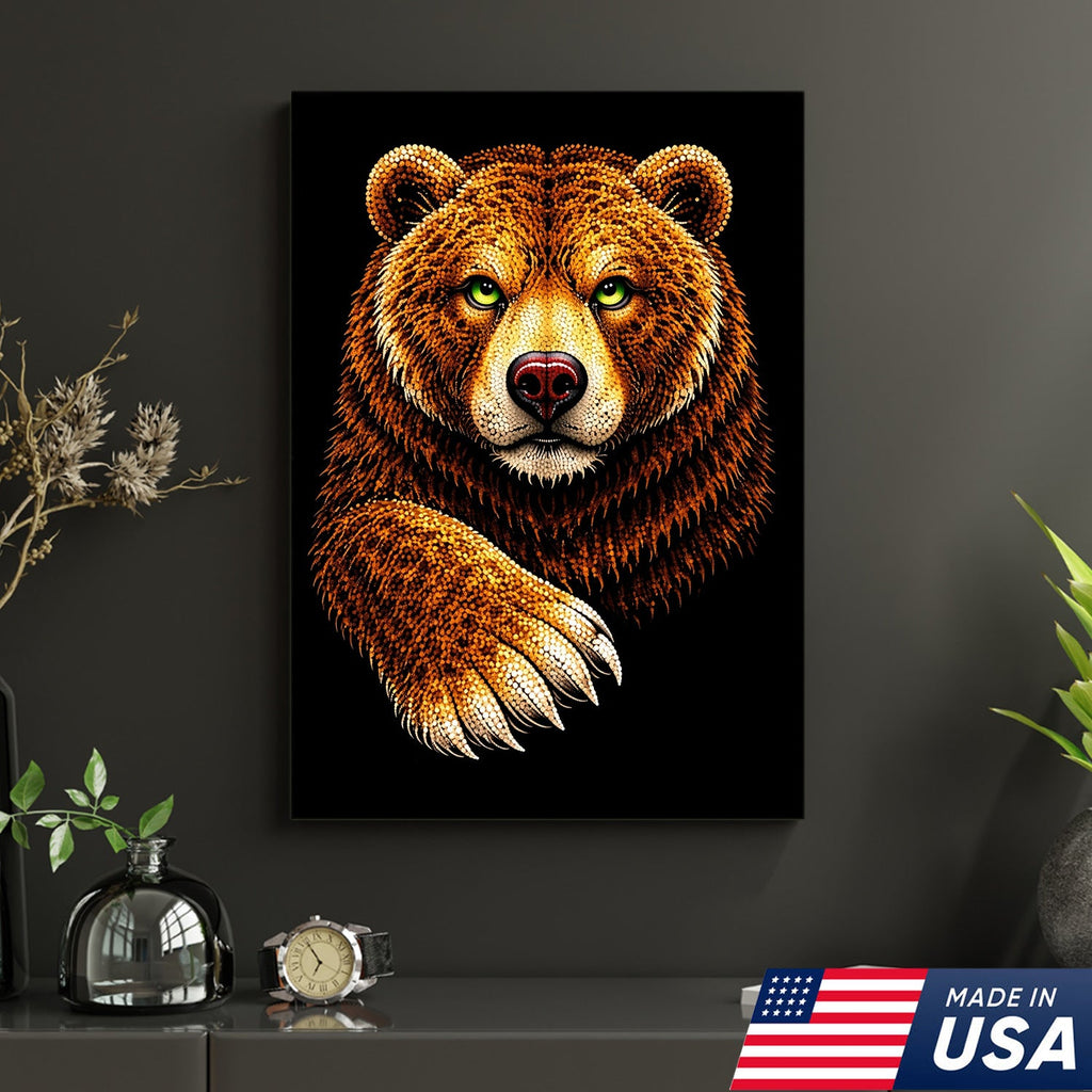 Golden Bear Portrait Canvas Wall Art – Majestic Wildlife Animal Print with Black Background