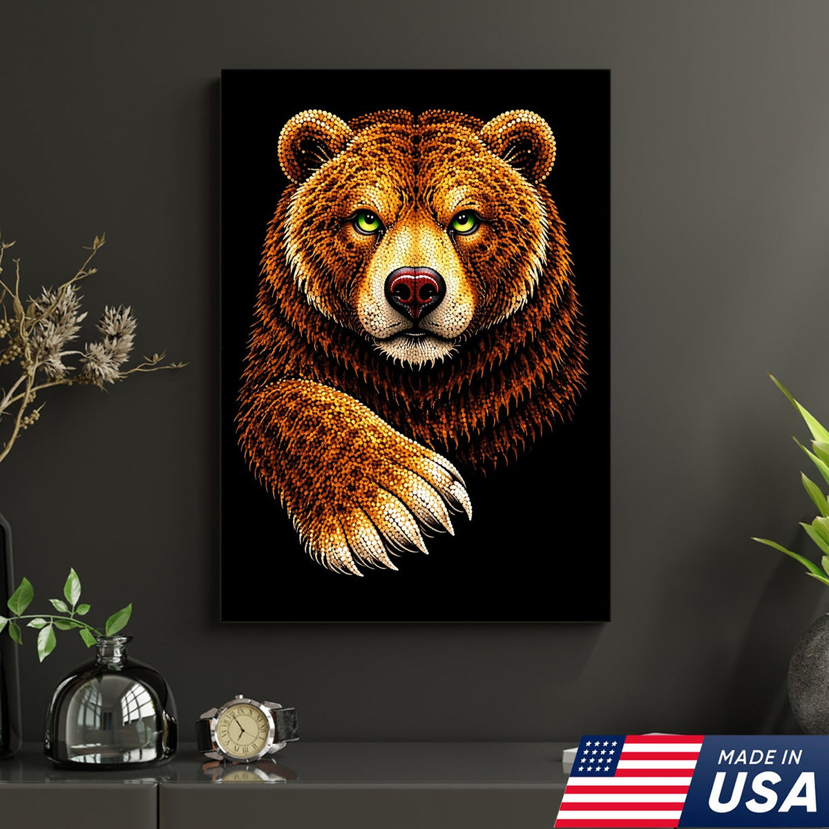 Golden Bear Portrait Canvas Wall Art – Majestic Wildlife Animal Print with Black Background