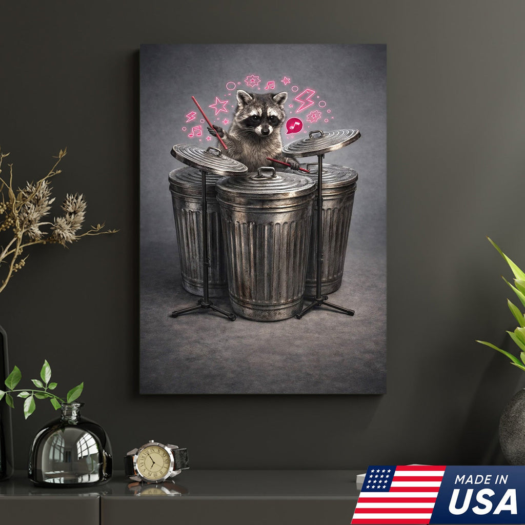Funny Drummer Raccoon Wall Art Canvas Print, Music Lover Animal Illustration