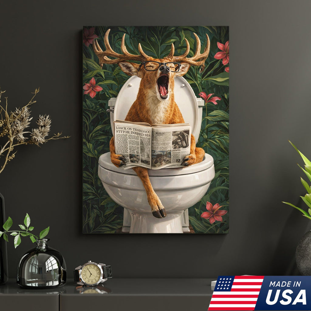 Funny Deer Toilet Canvas Wall Art – Humorous Animal Bathroom Decor with Newspaper